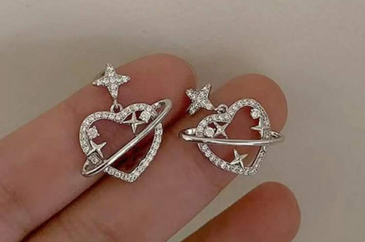 1 pair Fashionable Zinc Alloy Rhinestone & Four-Pointed Star Decor Heart Drop Earrings
