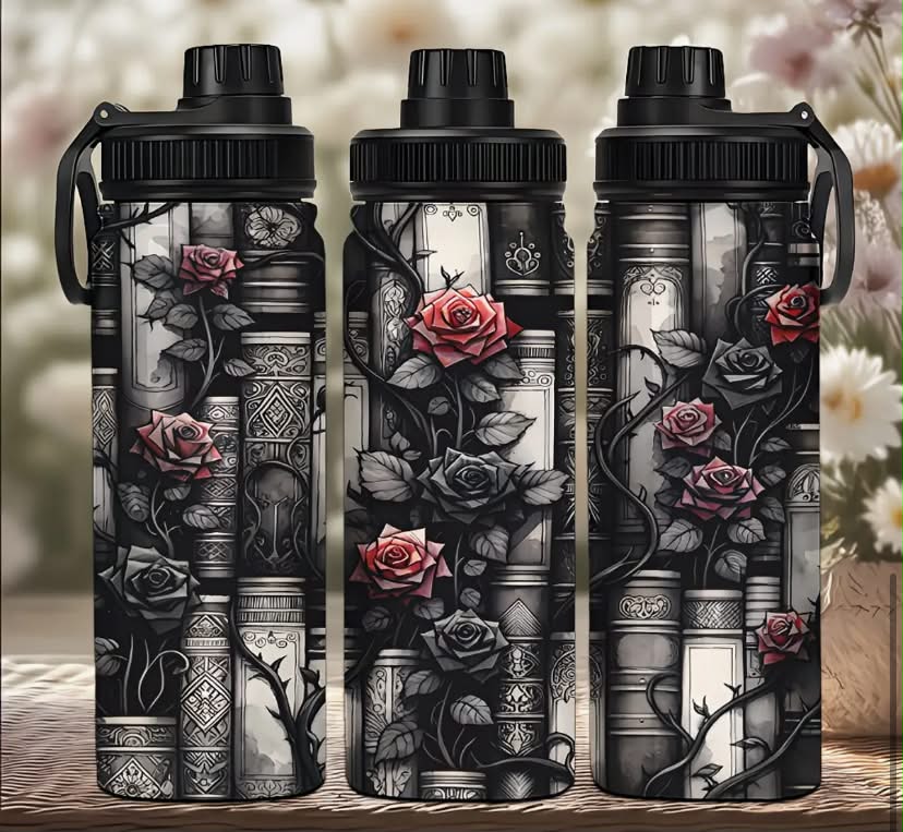 1 pc 20Oz Stainless Steel Sports Bottle, Gothic Floral Book Print Pattern Design, Double-Wall Vacuum Hot And Cold Dual-Use