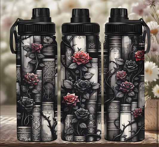 1 pc 20Oz Stainless Steel Sports Bottle, Gothic Floral Book Print Pattern Design, Double-Wall Vacuum Hot And Cold Dual-Use