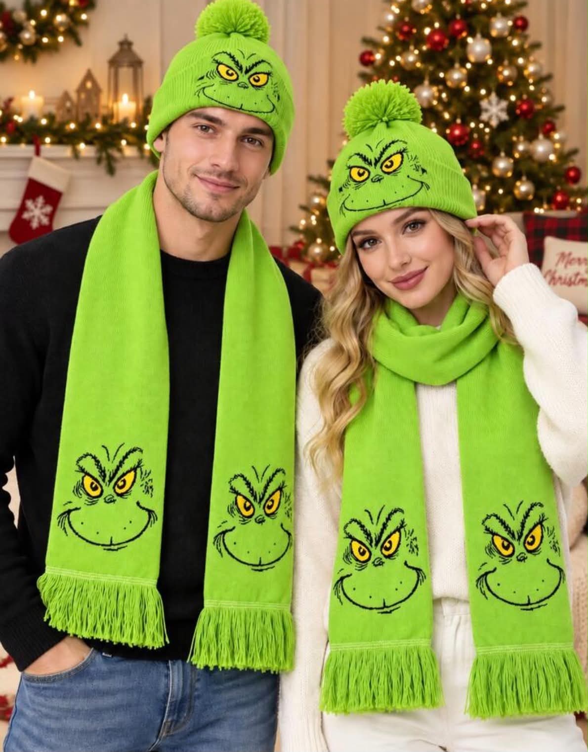 Grinch-Style Christmas Hat & Scarf Set 🎄