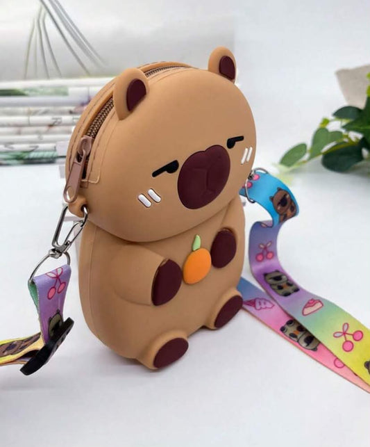 1 pc Cute Capybara Silicone Coin Purse, Casual Crossbody Bag, Portable Storage Wallet With Strap, Cartoon Small Silicone Coin Pouch, Student Stress Relief Small Wallet, Brown