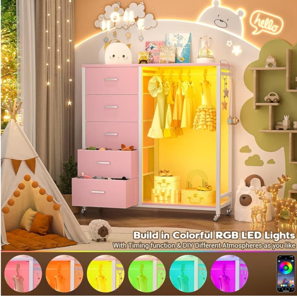 2 in 1 Chest of Drawers, Dresser for Bedroom,5 Fabric Drawers Dresser with LED Lights & Charging Station,Open Wardrobe with Clothes Rack,