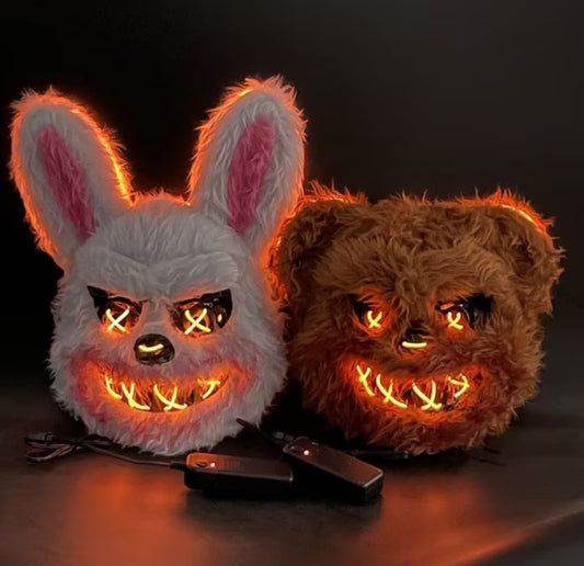 LED-Lit Blood-Dripping Bunny & Bear Horror Masks with Glowing Eyes