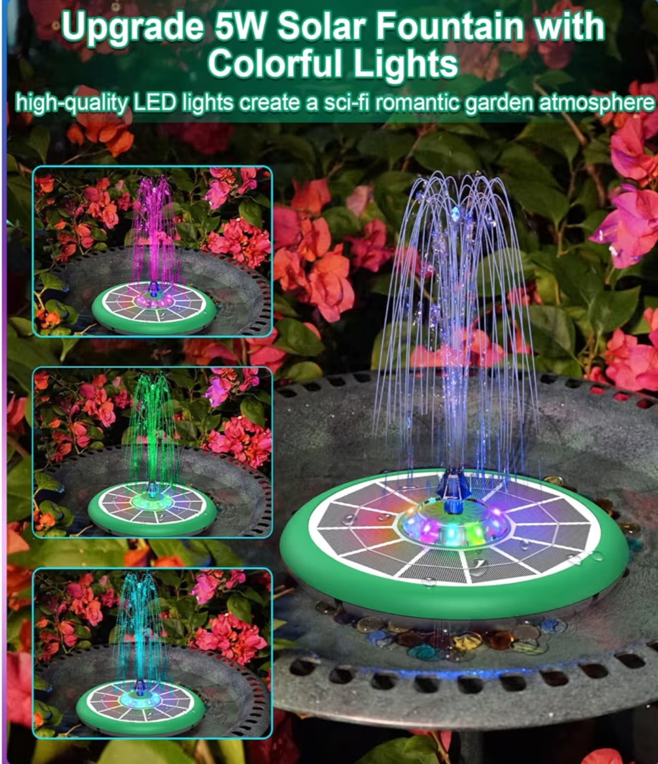 Solar Fountain 5W Bird Bath Fountains with UFO Lights,
