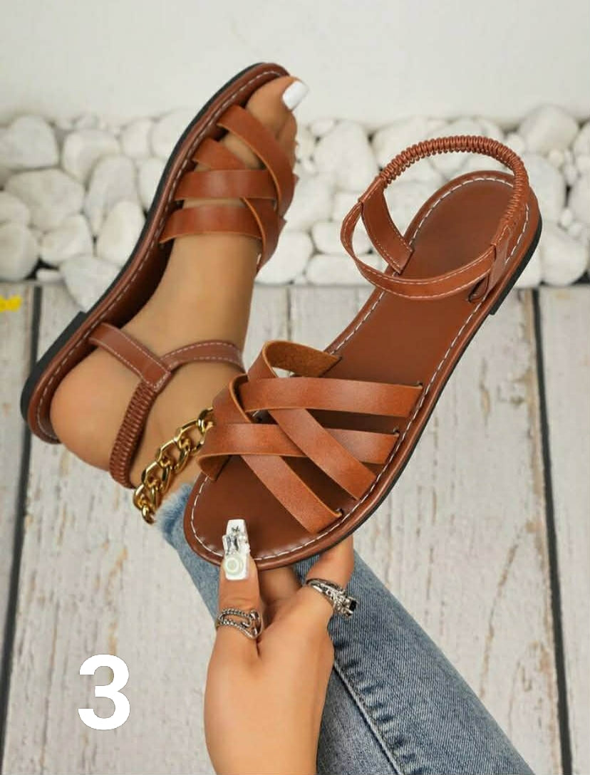 Summer New Coffee Brown Woven Leather Lace-Up Flat Sandals With Buckle