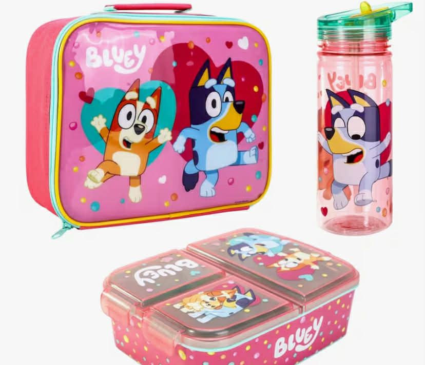 Bluey Pink Kids Childrens Lunch Box Set – Insulated Lunch Bag, Multicompartment Lunch Box & 580ml Water Bottle - School Travel Lunch Food Set,