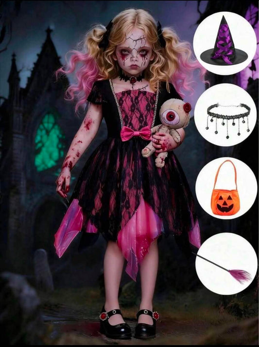 Young Girl Colorblock Cap Sleeve Dress, Paired With Pumpkin Bag, Witch Broom, Necklace, Hat And Other Accessories,