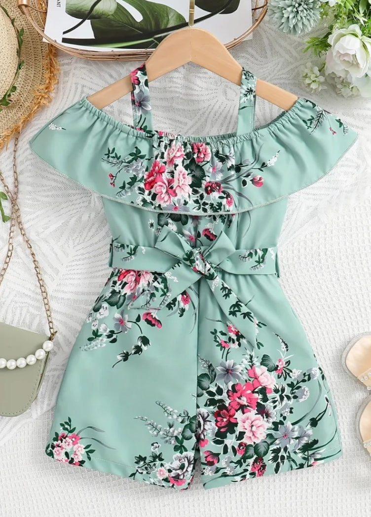 Girls' Off-Shoulder Floral Print Jumpsuit with Ruffled Sleeves & Waist Bow - Vibrant Pink & Green Summer Casual Outfit, Short Sleeveless Dress