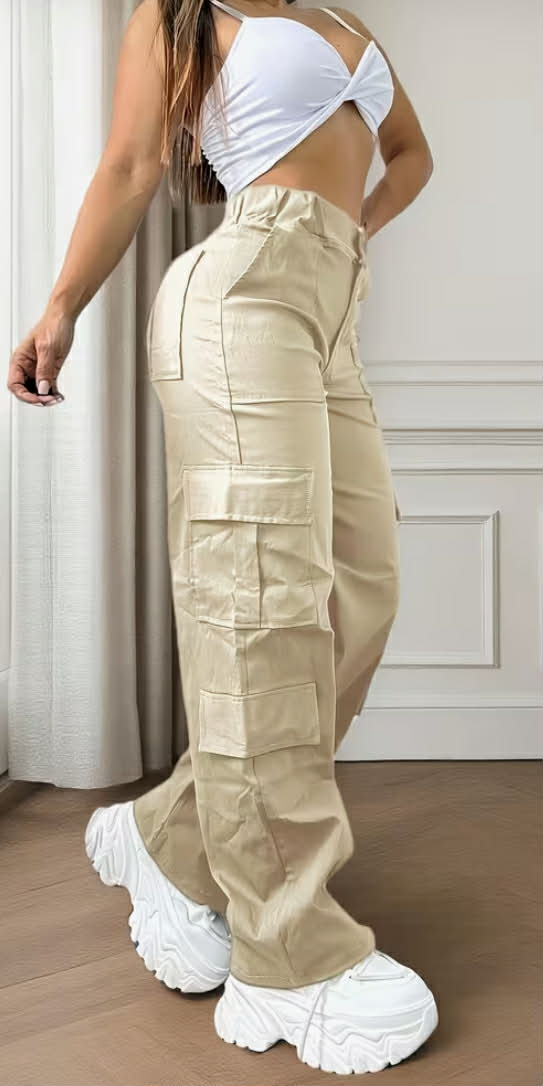 Women'S Elegant Street Style Cargo Pants - Fashionable Casual Loose Fit Elastic Waist Multi-Pocket Pants for All Seasons, Plus Size