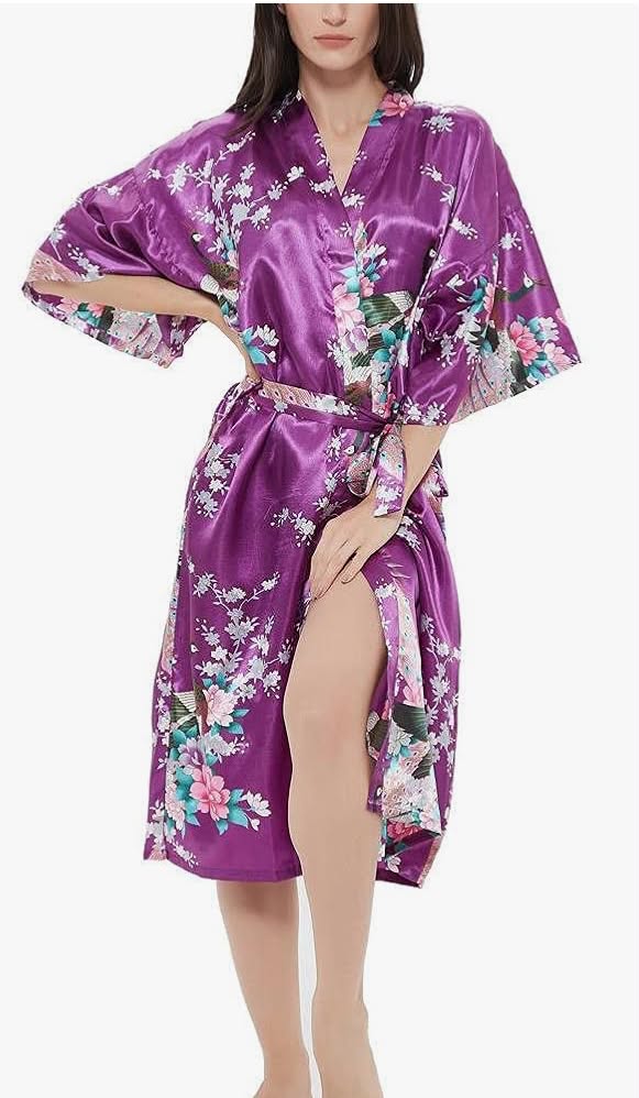 Women's Satin Rose Print Kimono Robe Premium Peacock Bridesmaid Bridal Dressing Gown Sleepwear Nightwear
