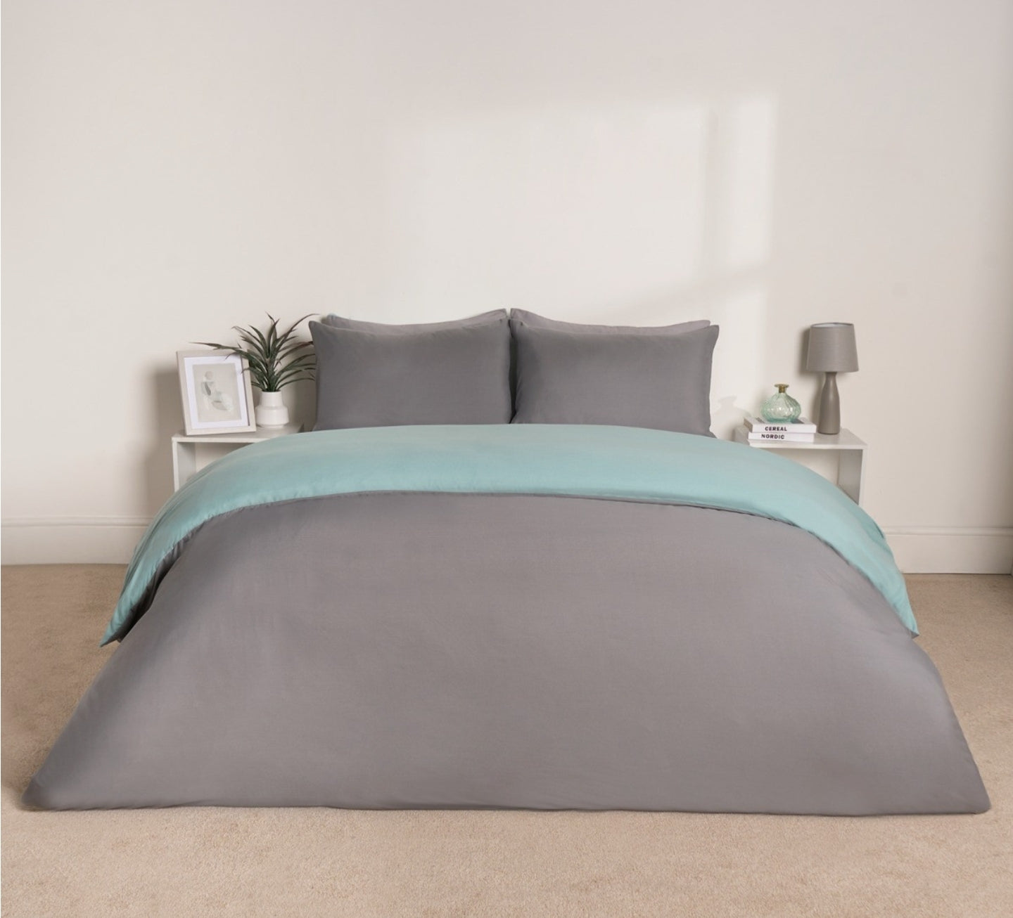 Reversible Duvet Cover Set - Duck Egg/Grey