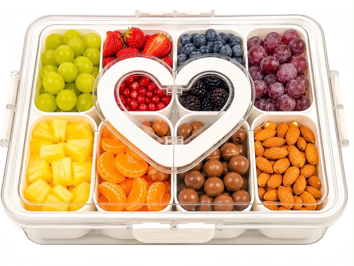 Snackle Box with Lid and Handle, Multi-Compartment Divided Serving Tray Snack Box, Portable Airtight Food Storage Container for Plane, Travel & Picnics, Party Organiser for Fruit,