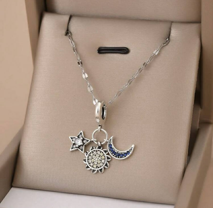 1 pc Fashionable Oil Drop Heart & 3 Teacup Stainless Steel Necklace, Silver Jewelry, Silver Necklace, Gift