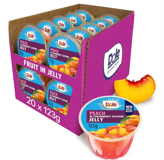 Dole Peach in Strawberry Jelly Fruit Bowls 20 x 123g, Healthy Snack Made with Fresh Fruits, Perfect for Breakfast & Dessert