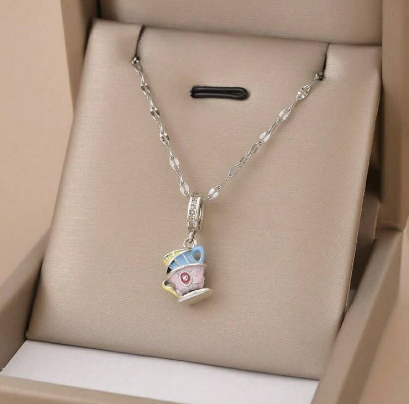 1 pc Fashionable Oil Drop Heart & 3 Teacup Stainless Steel Necklace, Silver Jewelry, Silver Necklace, Gift
