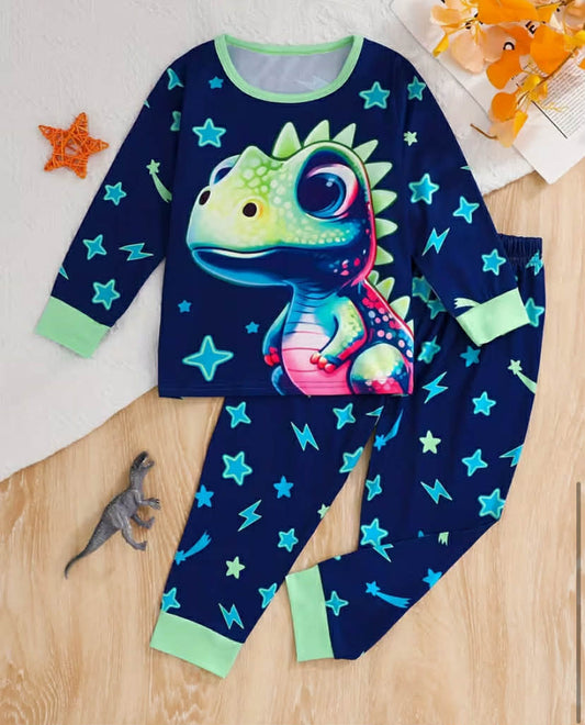 2pcs Starry Sky Dinosaur Pajama Set! Glow-in-the-Dark Kids' Sleepwear, Soft and Atmospheric, Long Sleeve and Pants