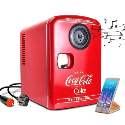 Coca Cola 4L Mini Fridge For Bedrooms 6 Can 12V Portable Cooler Warmer with Bluetooth Speaker