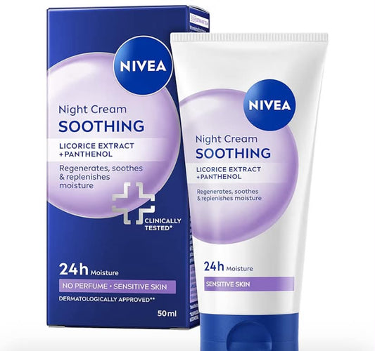 NIVEA Soothing Night Cream with Panthenol (50 ml), Face Cream for Sensitive Skin with Liquorice Extract and Panthenol, Regenerating Overnight Moisturiser