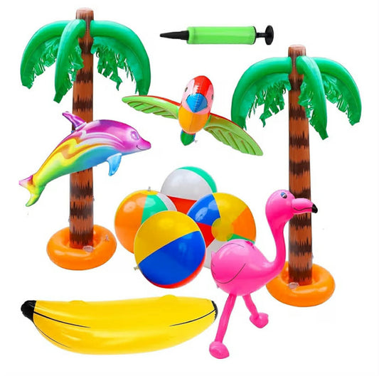 11 Pcs Inflatable Palm Tree Inflatable Flamingo Parrot Dolphin Banana Beach Ball Toys for Hawaii Party Decor Luau Party Backdrop - with Air Pump