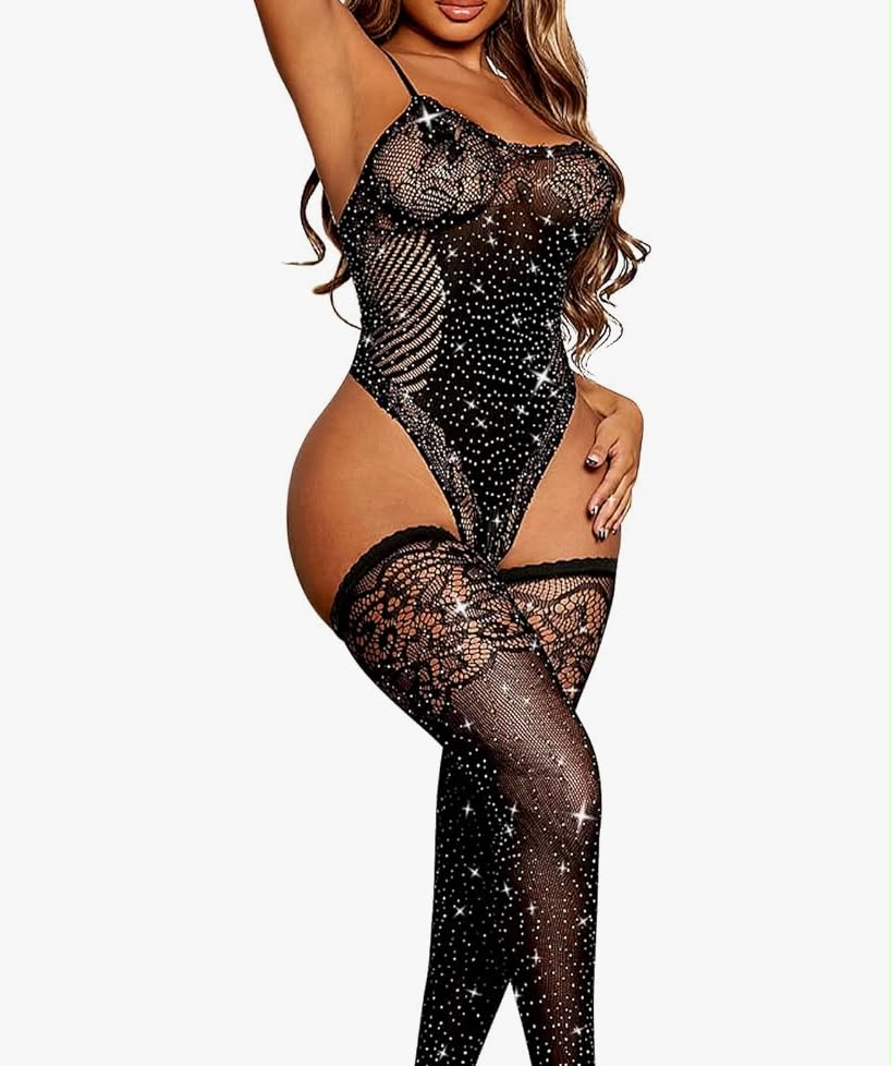 Sexy Mesh Lingerie Set for Women Sparkle Rhinestone Teddy Bodysuit with Stockings Fishnet Nightwear 

One size