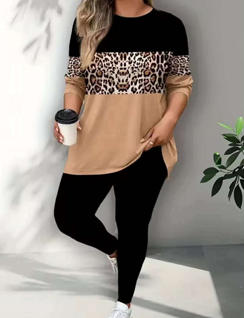 Women Fashion Leopard Print Two Piece Set