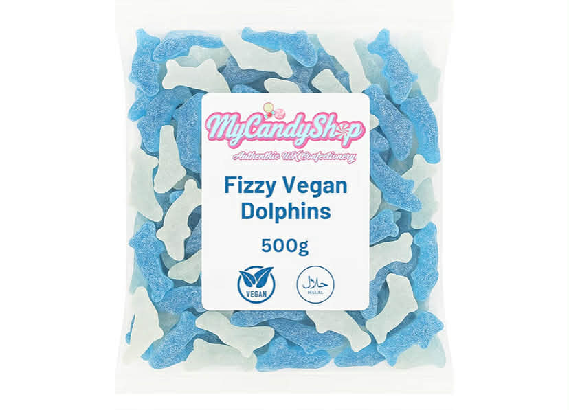 Fizzy Blue Dolphin Sweets - Fizzy Dolphin Vegan Sweets - Tangy Blue & White Raspberry Flavoured Animal-Shaped Treats - 500g Family Pack