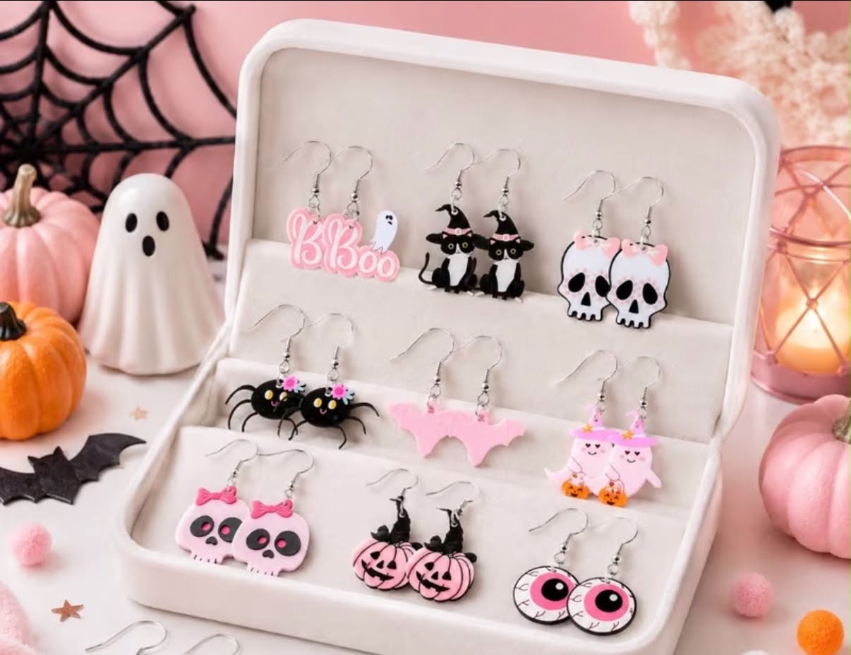 9 Pairs Pink Halloween Acrylic Dangle Earrings Set, Women's Horror Dangle Earrings, Novelty Holiday Jewelry Gift,