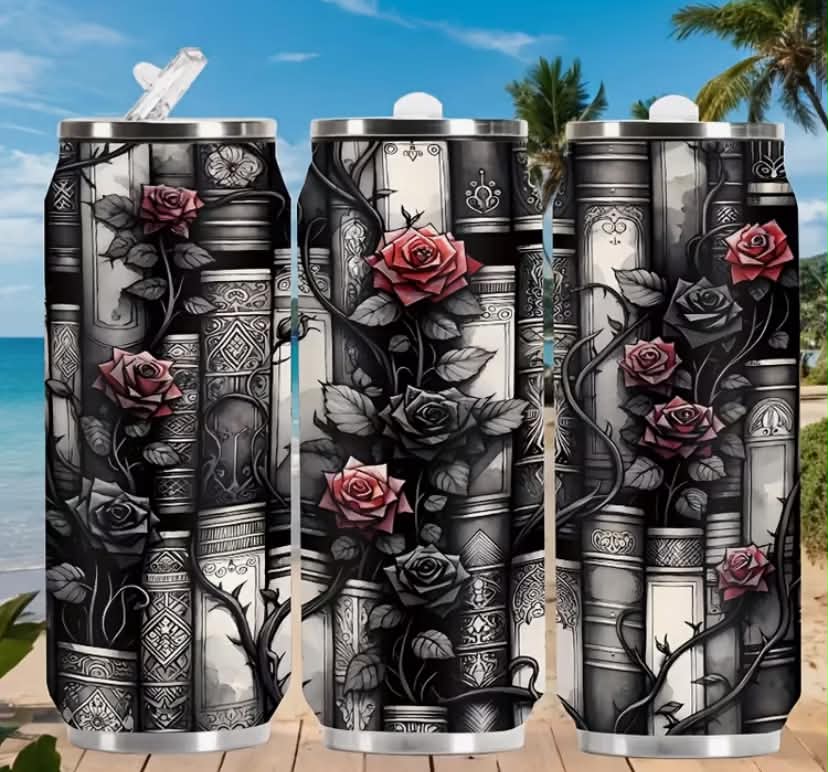 1 Thorny Rose Book Pattern Design, 17 Oz Thermos, Portable Outdoor Sports Water Cup, 304 Stainless Steel Coffee Cup, Reusable Travel Cup, Suitable for Hot And Cold Drinks,