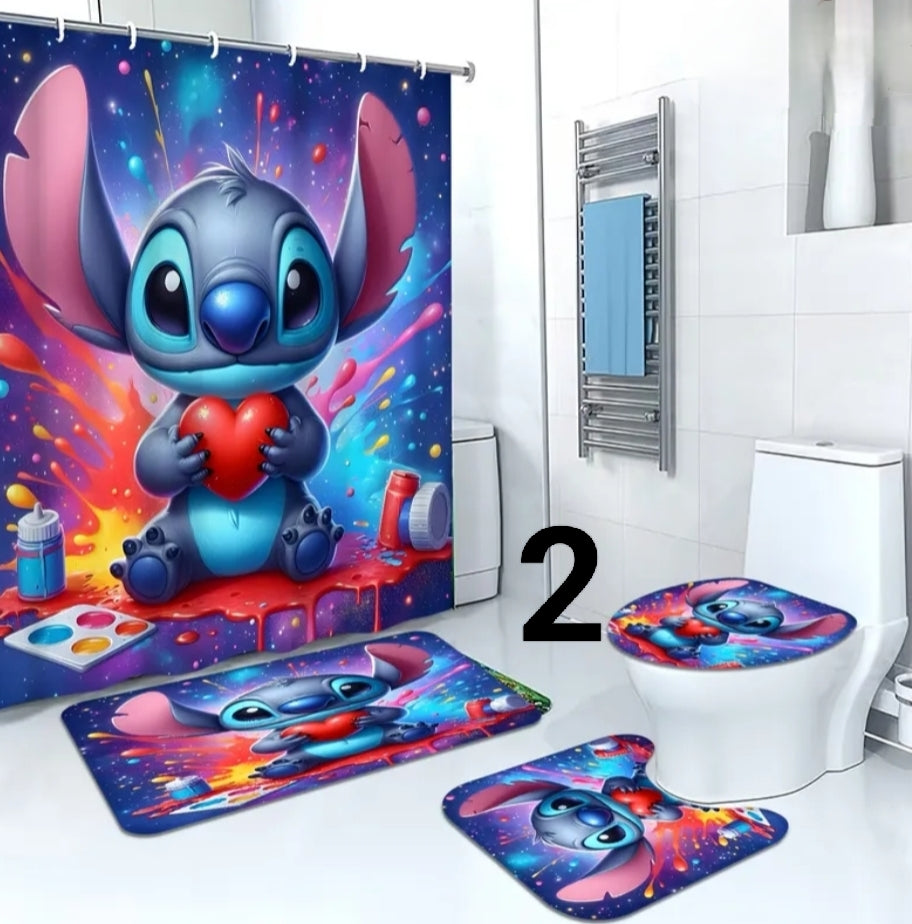 4 pcs Home Bathroom Shower Curtain And Mat Set Stitch Cute Moments -  Includes Shower Curtain, Toilet Lid Cover, Floor Mat And U-Shaped Mat  180.01X180.01Cm, with 12 Hooks