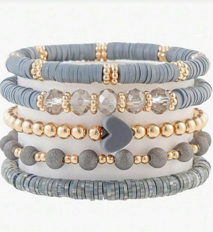 5 pcs Fashionable Soft Clay Heart Beaded Multi-Layer Bracelet Set,