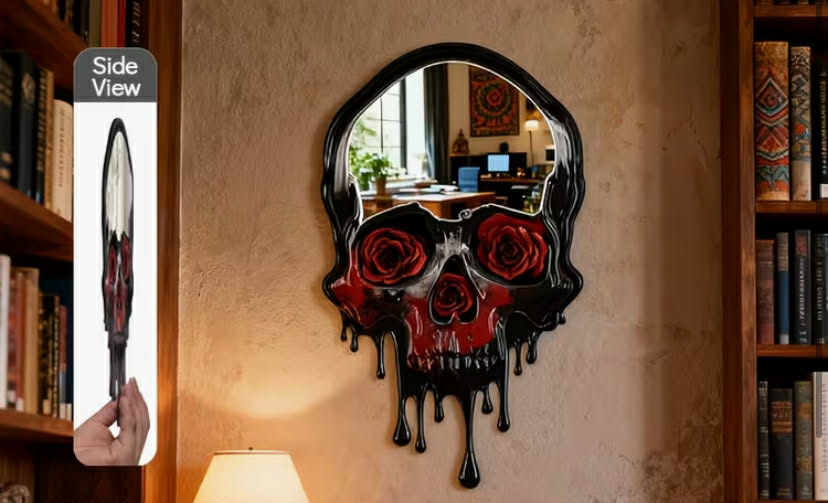 1 pc Black Gothic Skull Mirror Black Rose Decorative Mirror - Suitable for RV, Bedroom, Bathroom, Terrace, Etc. Creative Makeup Mirror  Lightweight Wooden Craft Frame, Painted Finish, Creative Gift,