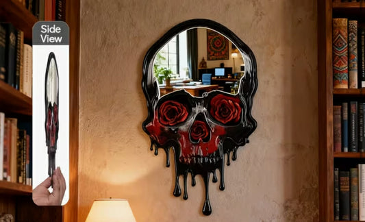 1 pc Black Gothic Skull Mirror Black Rose Decorative Mirror - Suitable for RV, Bedroom, Bathroom, Terrace, Etc. Creative Makeup Mirror  Lightweight Wooden Craft Frame, Painted Finish, Creative Gift,