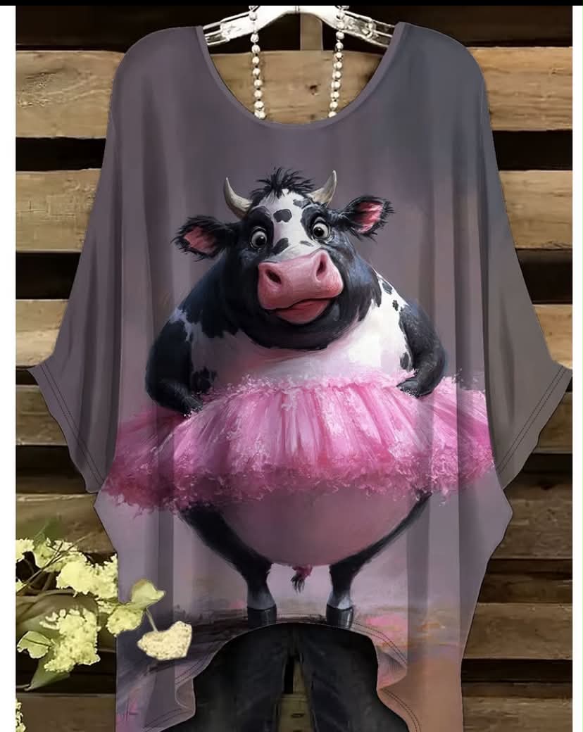 Plus Size, Women's Plus Size Cow Print T-Shirt - Cute Cow Spot Blouse Style Short Sleeve Round Neck Top with Irregular Hem, Slight Stretch
