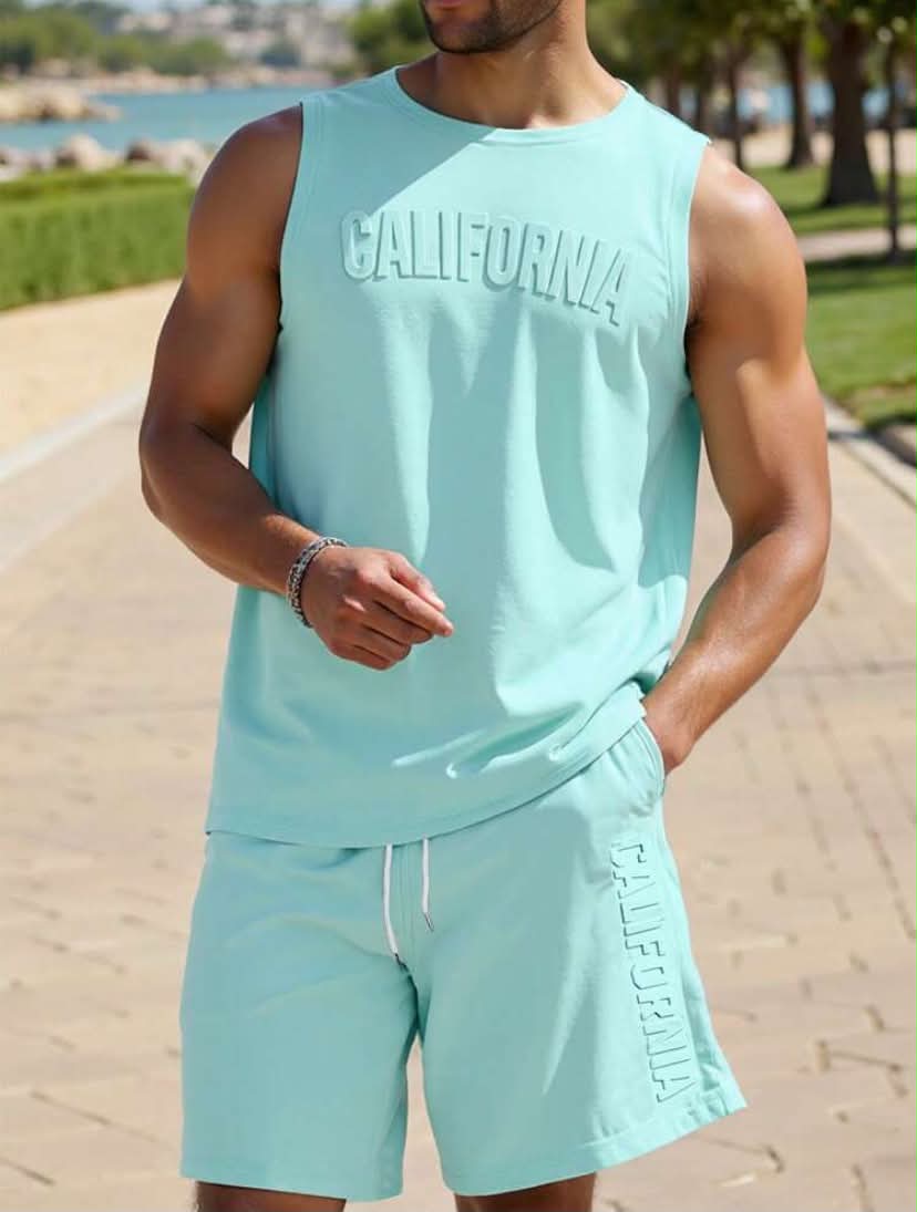 Men's Letter Embossed Crew Neck Tank Top And Shorts Casual Set Holiday