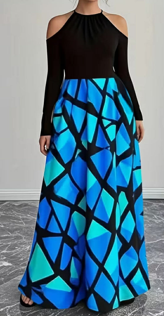 New Elegant Square-Shaped Dress with Thin Straps, Pockets, Off-Shoulder Design, Long Sleeves,