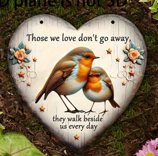 2D Flat Memorial Wooden Heart-Shaped Garden Stone with Two Wrens and Floral Design - "Those We Love Never Leave" Cemetery, Lawn Wall