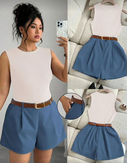 Women Sleeveless Knit Top And A-Line Shorts With Belt 2 Pieces Set, Casual Outfit 2 Piece Short Set