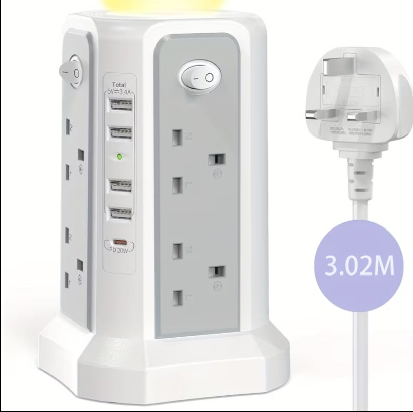 Tower Extension with USB Slots 3.02m, 20W Fast Charger with Night Light, (13A 3250W)5 USB Ports & 8 Way, Surge Protected Extension with 4 Independent Switch, Extension Cable