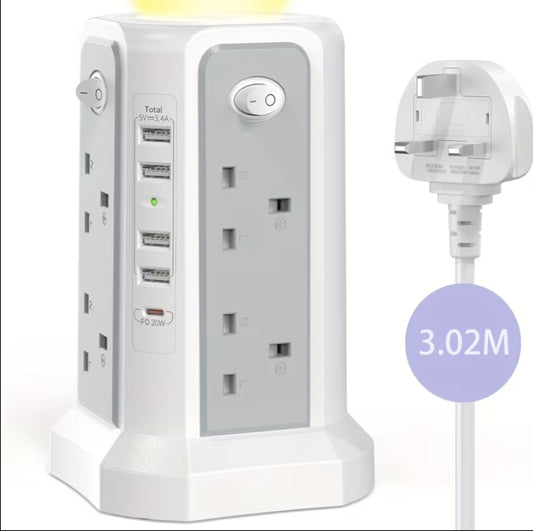 Tower Extension with USB Slots 3.02m, 20W Fast Charger with Night Light, (13A 3250W)5 USB Ports & 8 Way, Surge Protected Extension with 4 Independent Switch, Extension Cable