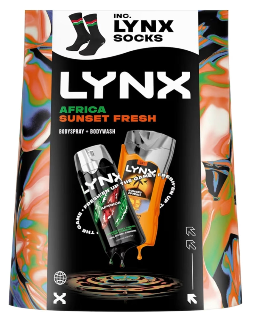 Lynx Gift Set Africa & Sunset Fresh or lynx black with a body spray, a body wash and Socks perfect gifts for him 2 piece