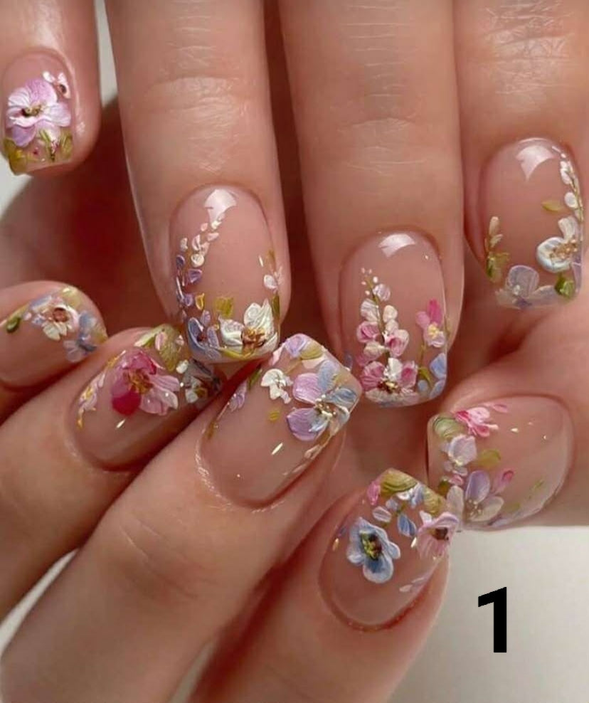 24pcs Square French Red Five-Petal Flower Short Nail Stickers
