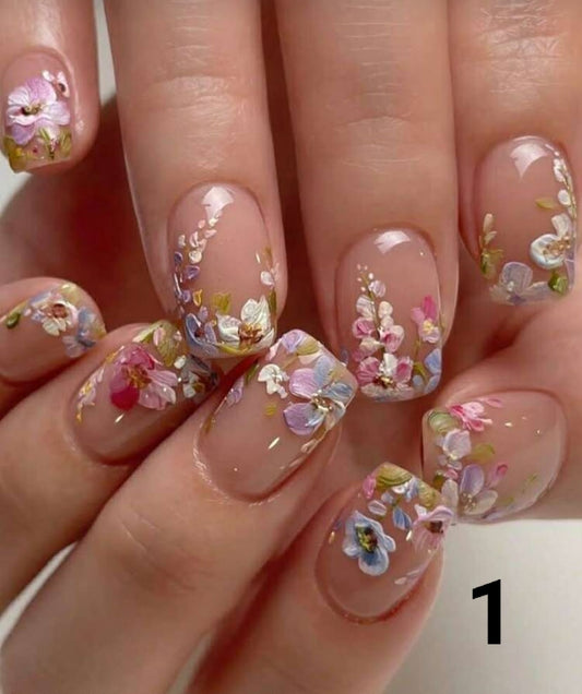 24pcs Square French Red Five-Petal Flower Short Nail Stickers