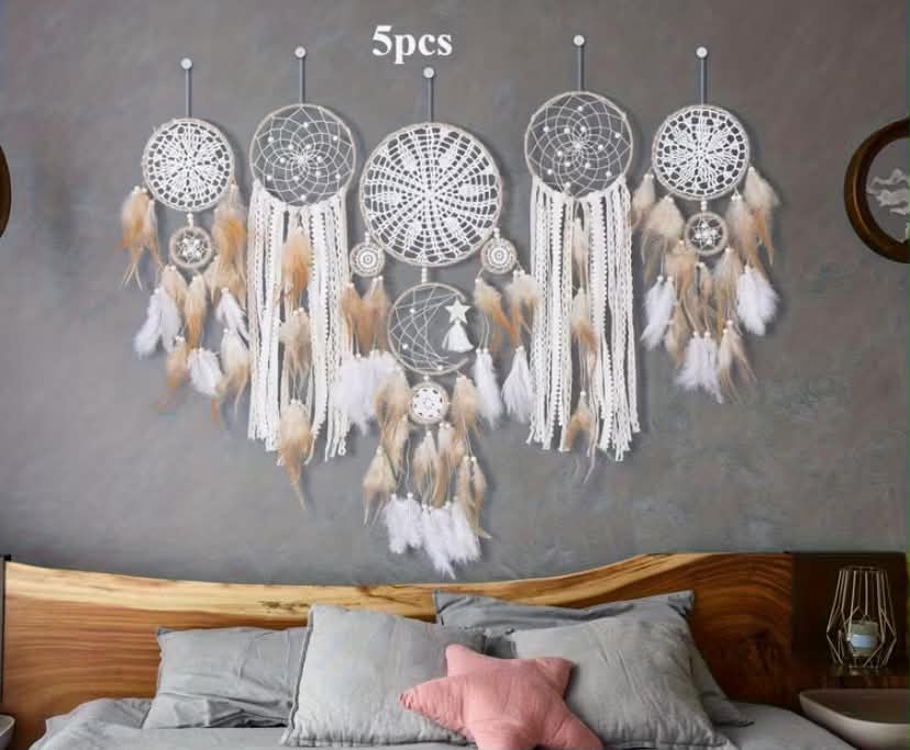 5pcs Set Handmade Bohemian Wall Dreamcatcher with Artificial Feathers - Fabric Boho Wall Hanging for Room,