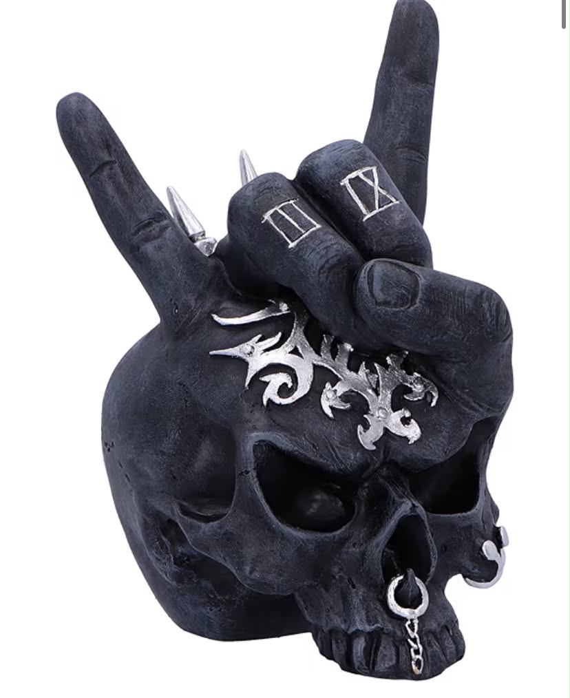 Horns Up Skull Hand Ornament 17.5cm, Resin, Black, Cast in the Finest Resin, Expertly Hand-Painted