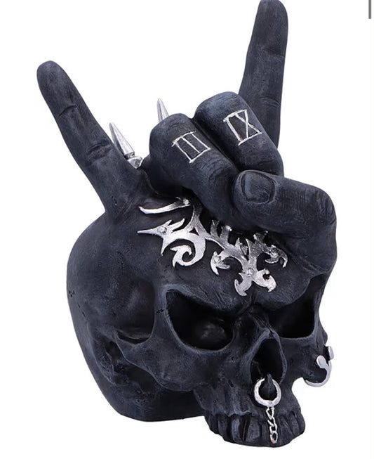 Horns Up Skull Hand Ornament 17.5cm, Resin, Black, Cast in the Finest Resin, Expertly Hand-Painted