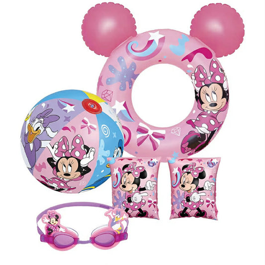 Mickey Mouse Swimming Pool Set, Bundle of 20" Beach Ball, Arm Bands, Googles & Swim Ring Tube for Swimming Pool Activities, Water Park, Beach Games