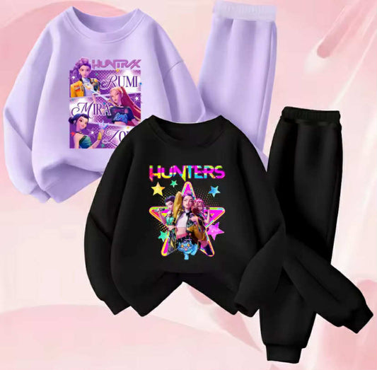 K-POPcartoon Printed Spring Autumn Girls O Neck Hoodies Sets