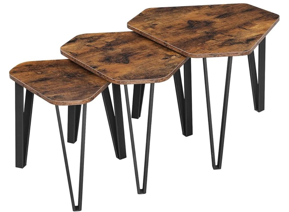 VASAGLE Nesting Coffee Table, Set of 3 End Tables for Living Room, Stacking Side Tables, Sturdy and Easy Assembly, Steel Frame, Industrial Style, Rustic Brown and Black