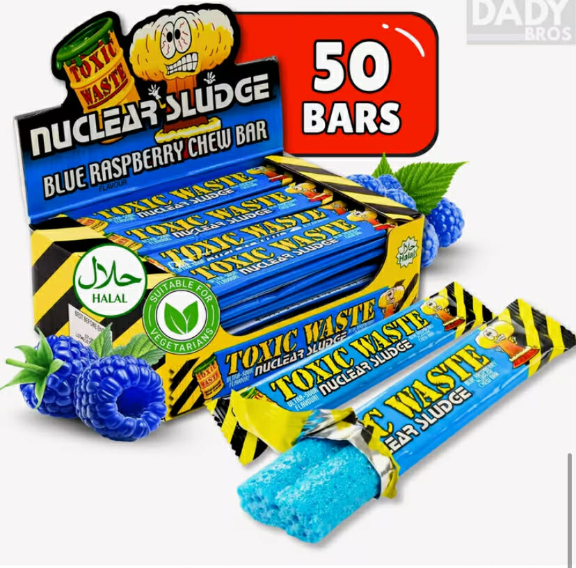 Toxic Waste Blue Raspberry Chew Bars 50 x 20g  Extra Sour Blue Raspberry Chews Bulk Pack - Extreme Sour Candy Challenge Treats