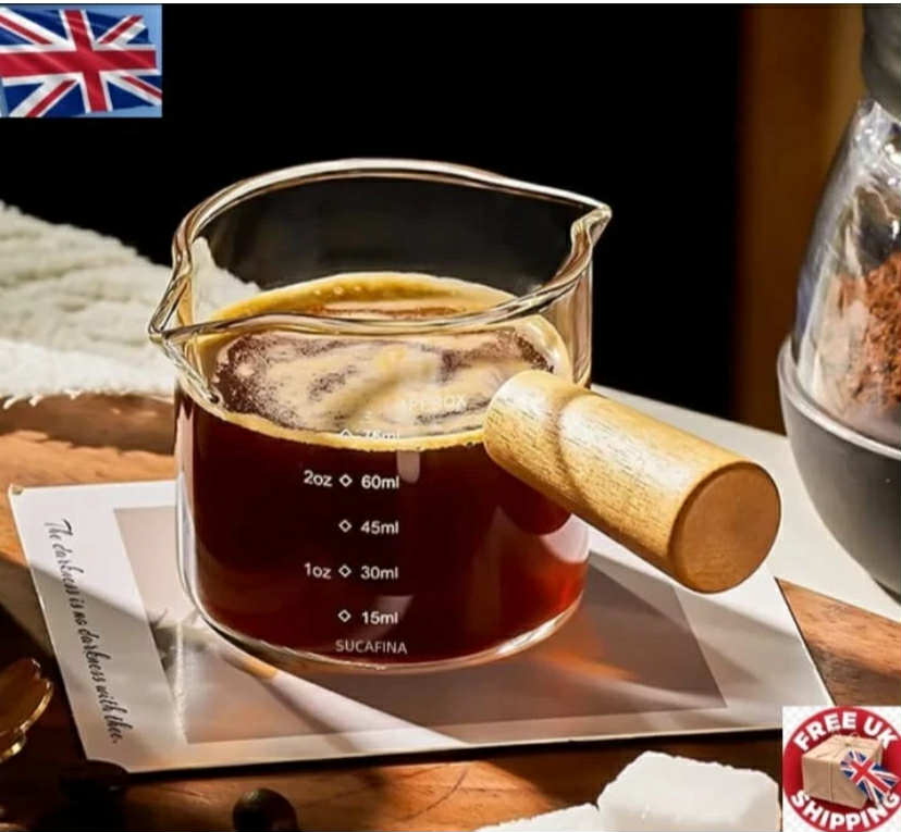 Wood Handle Glass Measuring Cup for Espresso Coffee Milk Barista Tools